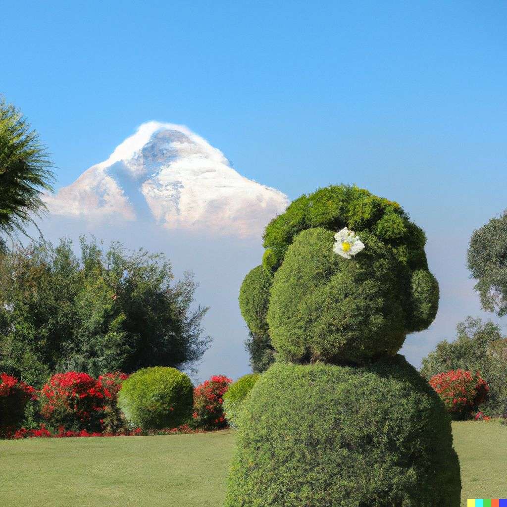 topiary in the shape of someone gazing at Mount Everest